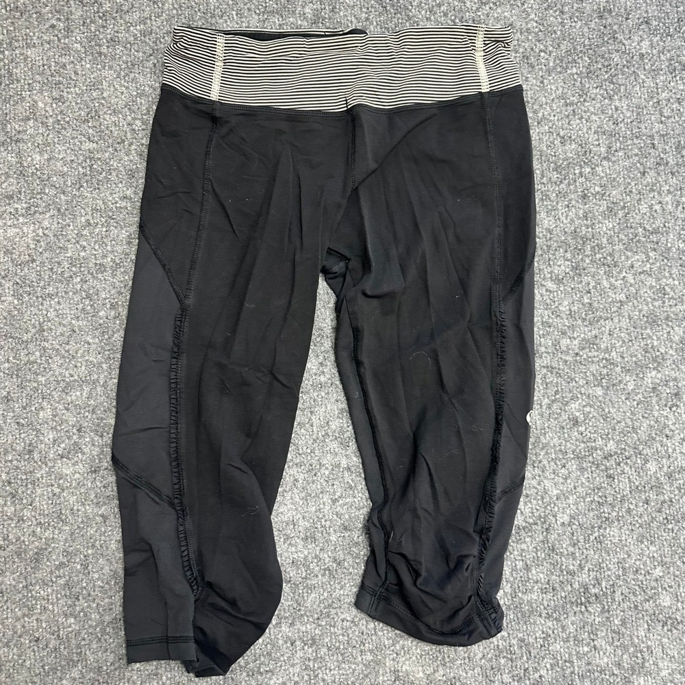 Lululemon Leggings Womens Size 4 Black Striped Waist Cropped Ruched Yoga Capri